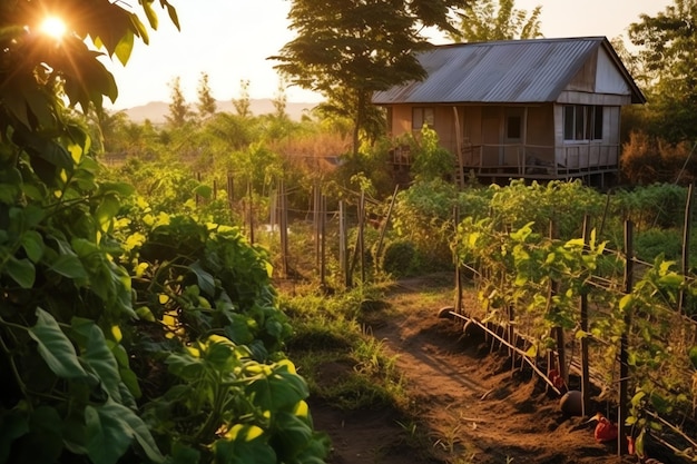 Foto houten huis in dorp met planten en bloemen in achtertuin tuin en bloem op landelijk huis