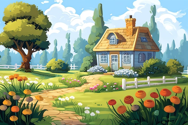 Houten huis in dorp met planten en bloemen in de achtertuin in tekenfilmstijl Tuin op huis
