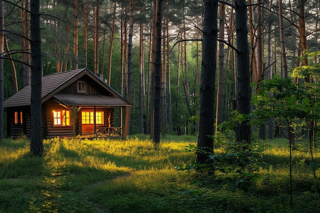 Houten huis in het bos's nachts Prachtig zomerlandschap met AI gegenereerd