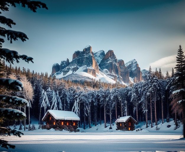 houten huis met prachtig winterlandschap met besneeuwde bomen