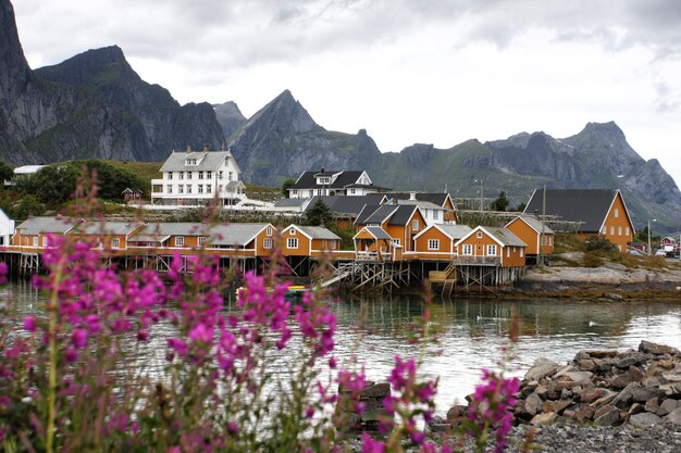 Houten huis op de Lofoten-archipel, noorwegen