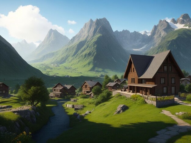Houten huis op een weide met de bergen op de achtergrond gegenereerd door Ai