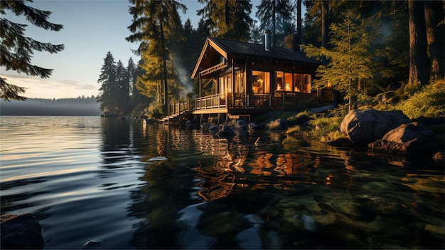 Houten huis op het meer in het bos 3d rendering