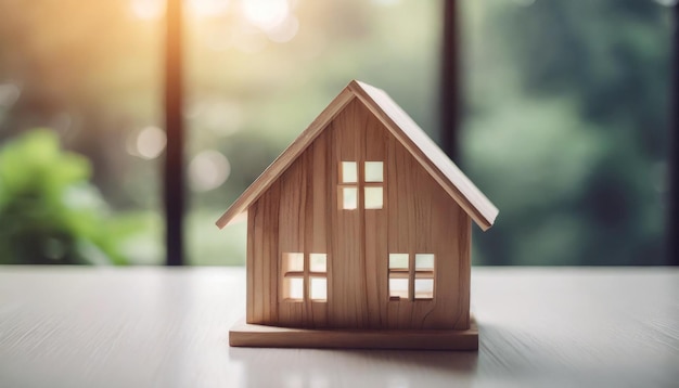 Houten huis op witte tafel met helder achtergrondlicht symboliseert vastgoedbelastingbelasting hypotheek