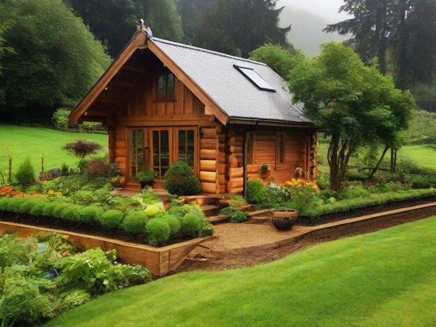 Houten huis voor ontspanning en voortuin omheind bij regenachtig weer