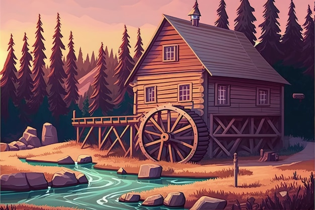 Houten huisje met watermolen in het bos tijdens zonsondergang Fantasieconcept Illustratie schilderij Generatieve AI