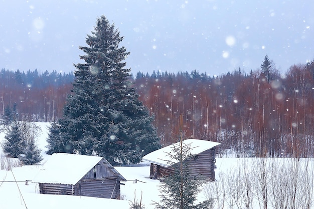 houten huizen op het Russische platteland / houten architectuur, Russisch provinciaal landschap, dorp met winterzicht in Rusland