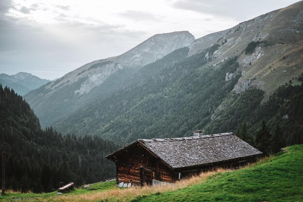 Houten hut in de Alpen met bergen op de achtergrond Panorama