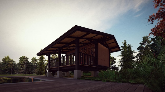 houten hut in tropisch klimaat 3D-rendering