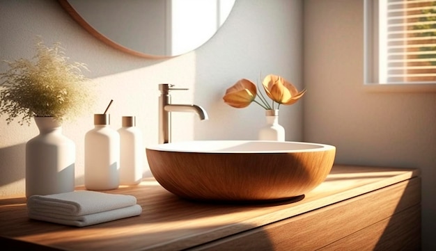 Houten ijdelheid met witte keramische wastafel en moderne kraan in de badkamer Generative Ai