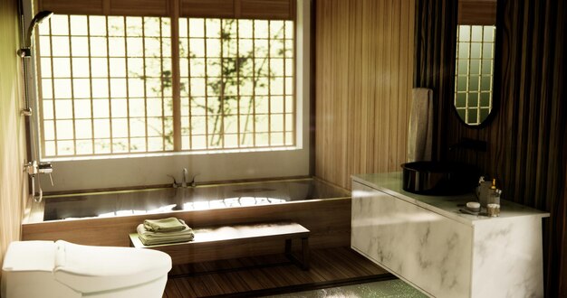 Foto houten japanse badkamer moderne onsen minimale stijl