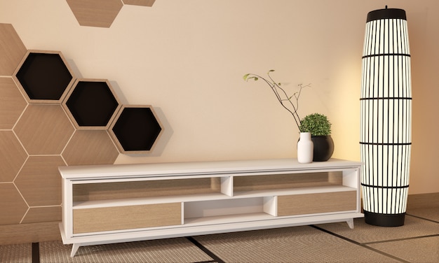 Houten kabinetstv met houten hexagon tegels op muur en tatami de japanse stijl van de matvloer, het 3d teruggeven