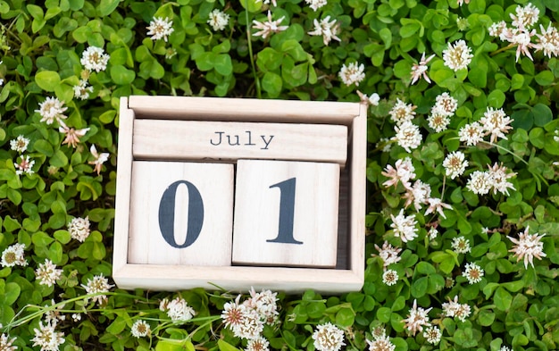 Houten kalender 01 juli op een esdoornveld het begin van de maand juli