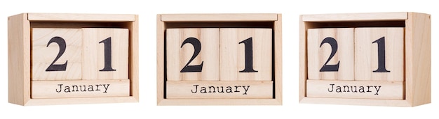 Houten kalender een reeks data van de maand 21 januari op een witte en transparante achtergrond close-up