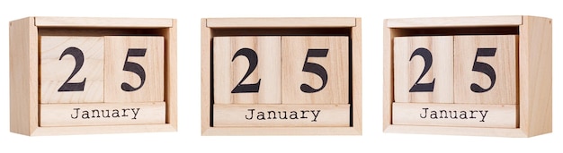 Houten kalender een reeks data van de maand 25 januari op een witte en transparante achtergrond close-up