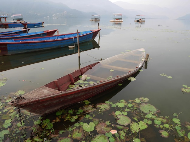 Houten kanoboot van Nepalese mensen beschadigen gebroken gezonken schip in Phewa Tal of Fewa Freshwater Lake wacht Nepalese houttimmerman of reparateur die reparatieboten werkt in Pokhara van Gandaki Pradesh in Nepal