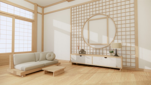 houten kast in moderne lege ruimte en witte muur op witte vloer kamer tropische stijl. 3D-weergave