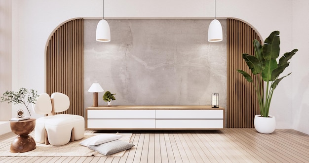 Houten kast in Muji lege kamer Japandi minimale ontwerpen 3D-rendering