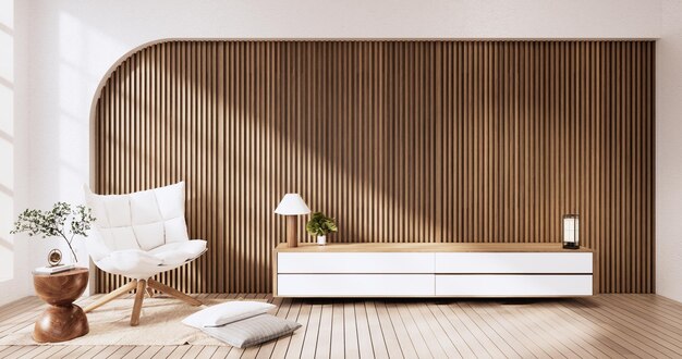 Houten kast in Muji lege kamer Japandi minimale ontwerpen 3D rendering