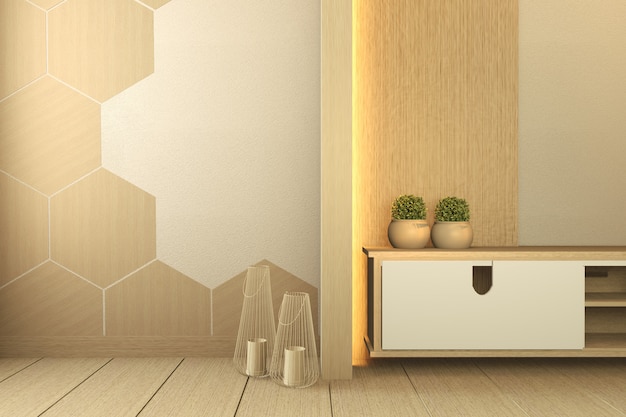 Houten kast tv met houten zeshoek tegels kamer japanse stijl