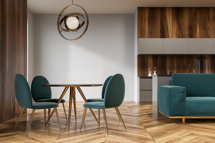 Foto houten keukeninterieur groene bank