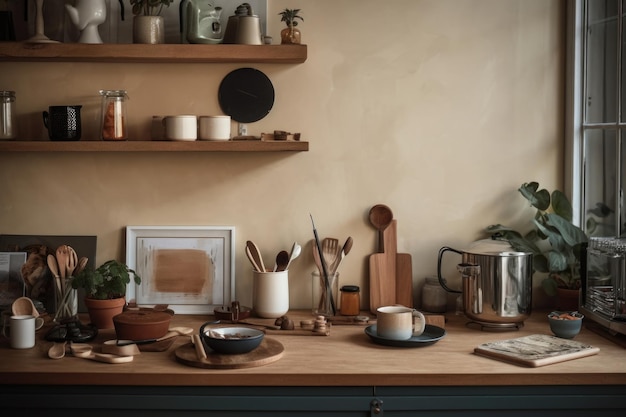 Houten keukentafel met keukengerei AI