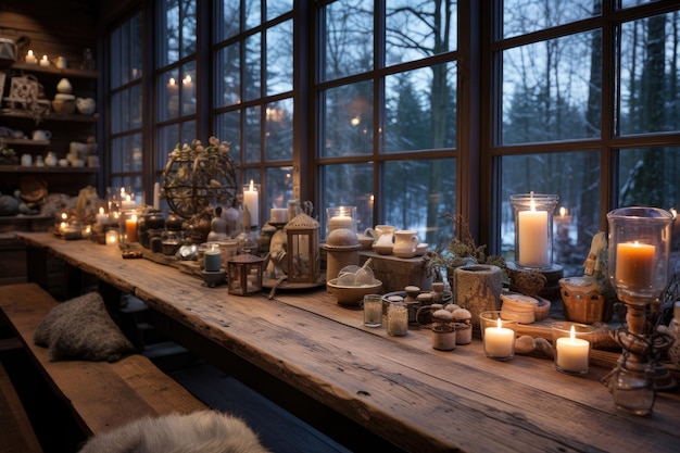 Houten keukentafel versierd met kaarsen met grote ramen winter uitzicht inspiratie ideeën