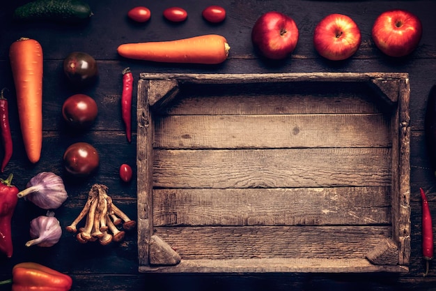 Houten kist concept van gezond eten of levering van voedsel en verse groenten en fruit Lege houten kist op een zwarte rustieke achtergrond kopie ruimte oogst veganistisch gemengd voedsel