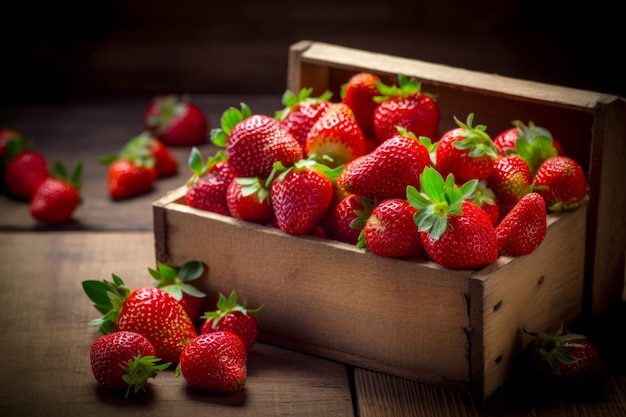 Houten kist gevuld met rijpe aardbeien bovenop houten tafel Generatieve AI