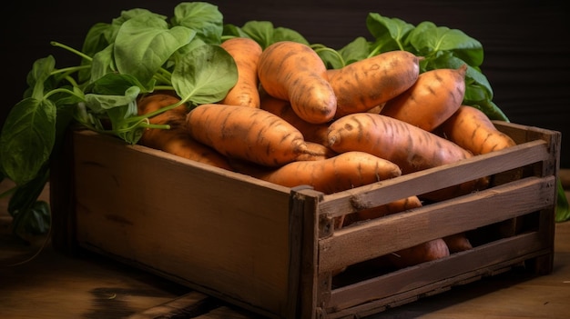 Houten kist gevuld met zoete en stevige aardappelen