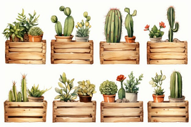 houten kisten clipart cactus rustieke aquarel witte achtergrond