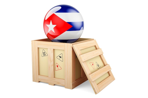 Houten kistpakket met Cubaanse vlag Verzending en levering in Cuba concept 3D-weergave geïsoleerd op een witte achtergrond