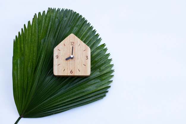 Houten klok op groene bladeren