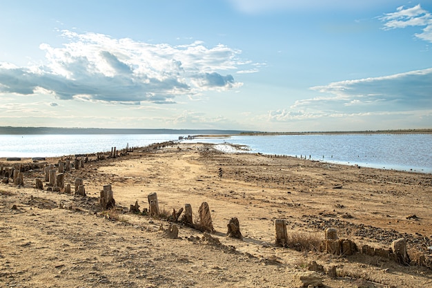 Houten kolommen bedekt met zout steken uit het water van de monding van de Kuyalnik bij zonsondergang