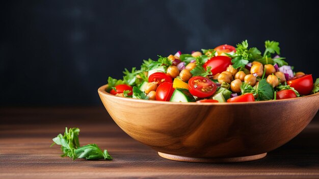 Houten kom met kikkererwten, kersen, tomaten, peterselie en komkommers