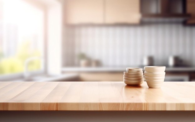 Houten kopjes op een houten tafel in de keuken AI Generative AI