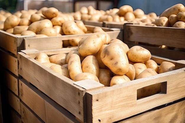 Houten kratten vol aardappelen.