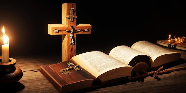houten kruis met een kruisbeeld op de achtergrond van de Bijbel