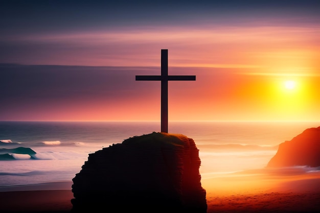 Houten kruis op een klif met uitzicht op de oceaan bij zonsondergang Christelijk wederopstandingssymbool