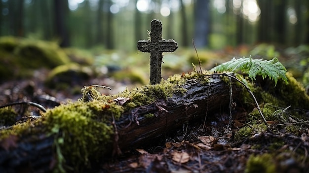 Houten kruis op mos begrafenis achtergrond bos gegraven begraafplaats in het bos een natuurlijk graf boom begravenis