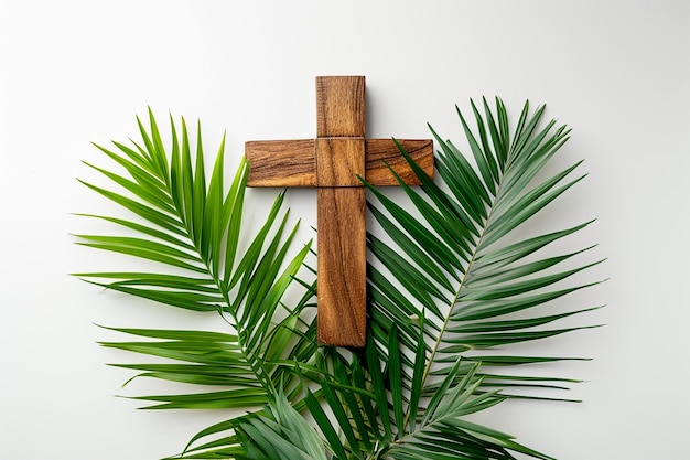 houten kruis versierd met groene palmbladeren tegen een witte achtergrond