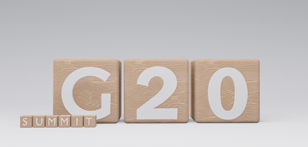 Foto houten kubussen g20 summit kubussen met tekst g20 summit 3d werk en 3d beeld