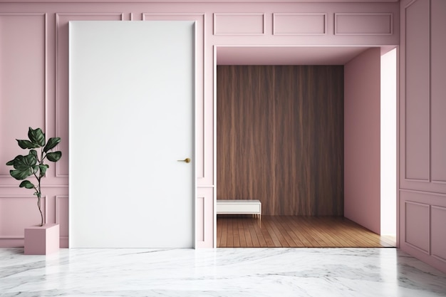 Houten lambrisering keramische marmeren vloer leegstaande kamer Roze muur met copyspace Zeninspired minimalistisch interieur modern architectonisch model