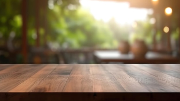 Houten lege tafeltop en blur interieur over blur in een koffieshop achtergrond mock-up voor weergave van generatieve AI