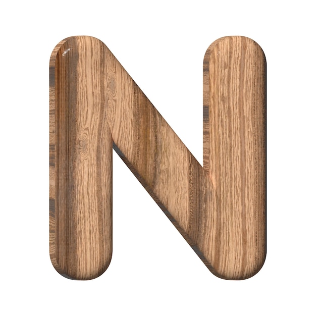 Houten letter N op een witte achtergrond 3d weergegeven met bruine houten textuur 3d illustratie