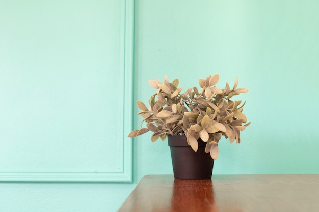 Houten lijst met installatiepot op groene muur.