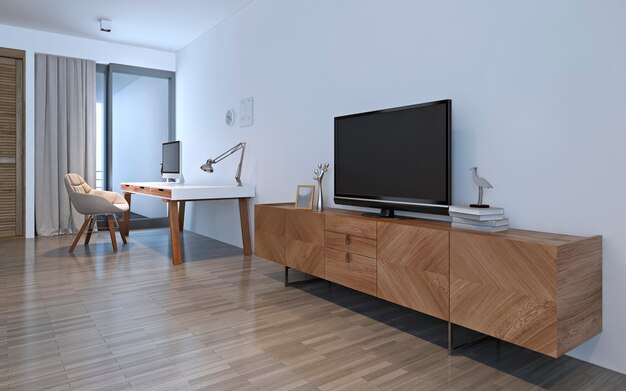 Houten meubels in witte kamer. 3d render