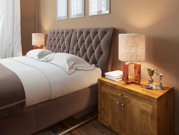 Houten nachtkastjes met expressieve texturen in een moderne slaapkamer