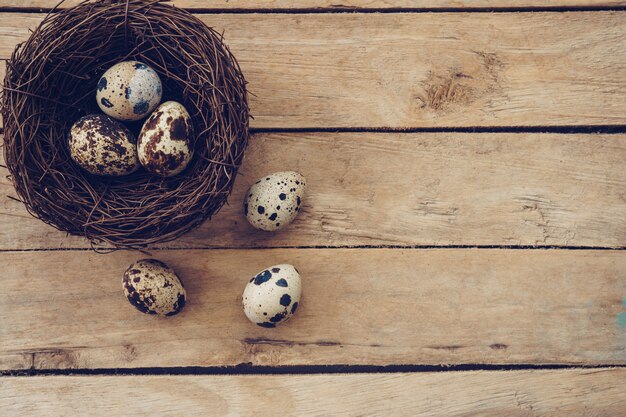 Houten nest en paaseieren op houten achtergrond en textuur met exemplaarruimte.