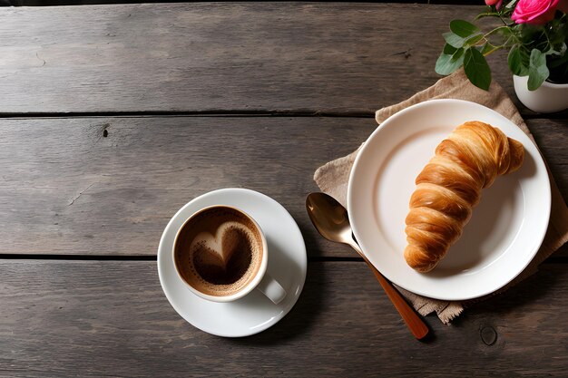 houten oppervlak met decoratieve twijgen koffie met croissant en bloemen